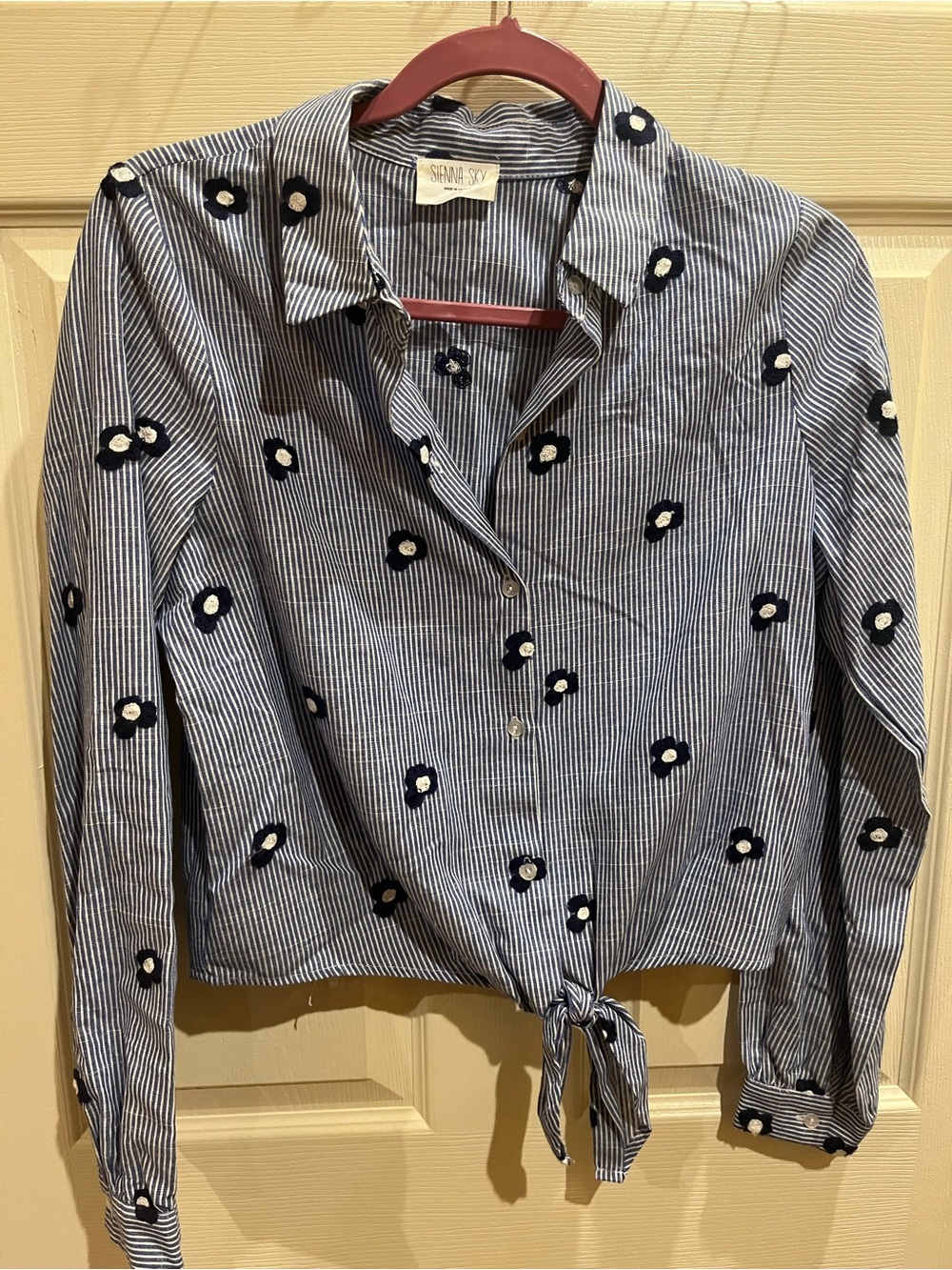 Striped Tie-Front Button Shirt with Navy Daisy Embroidery